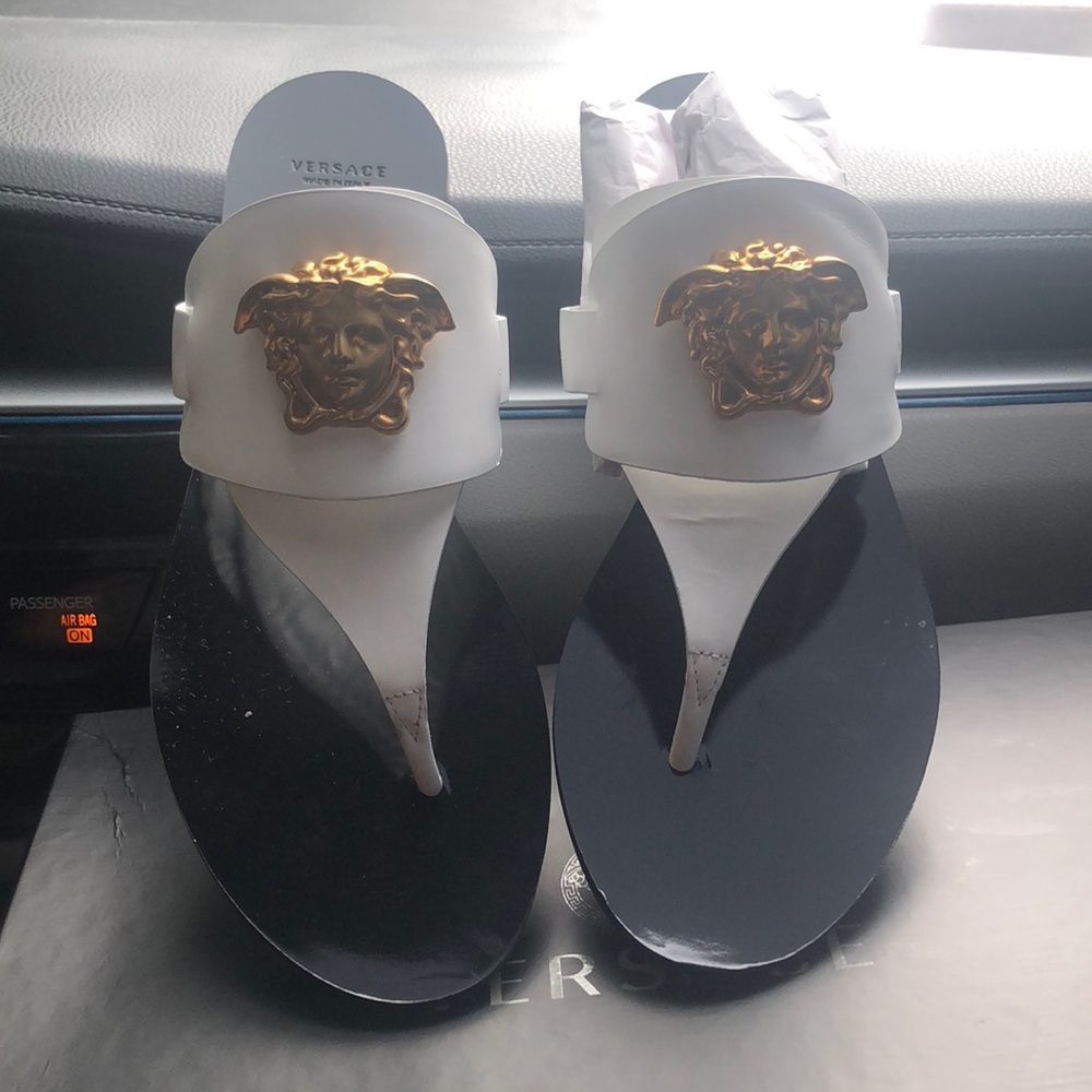 Versace White Palazzo Leather Thong Sandals
